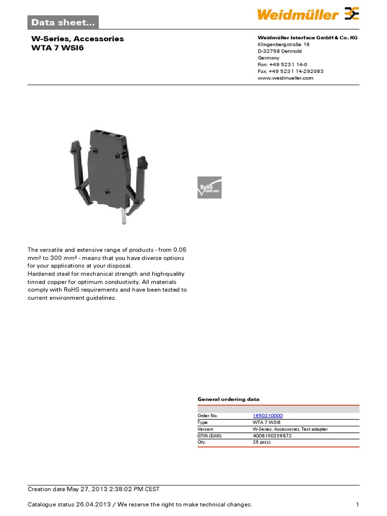 Weidmüller WTA 7 WSI6 Data Sheet | PDF | Manufactured Goods | Equipment