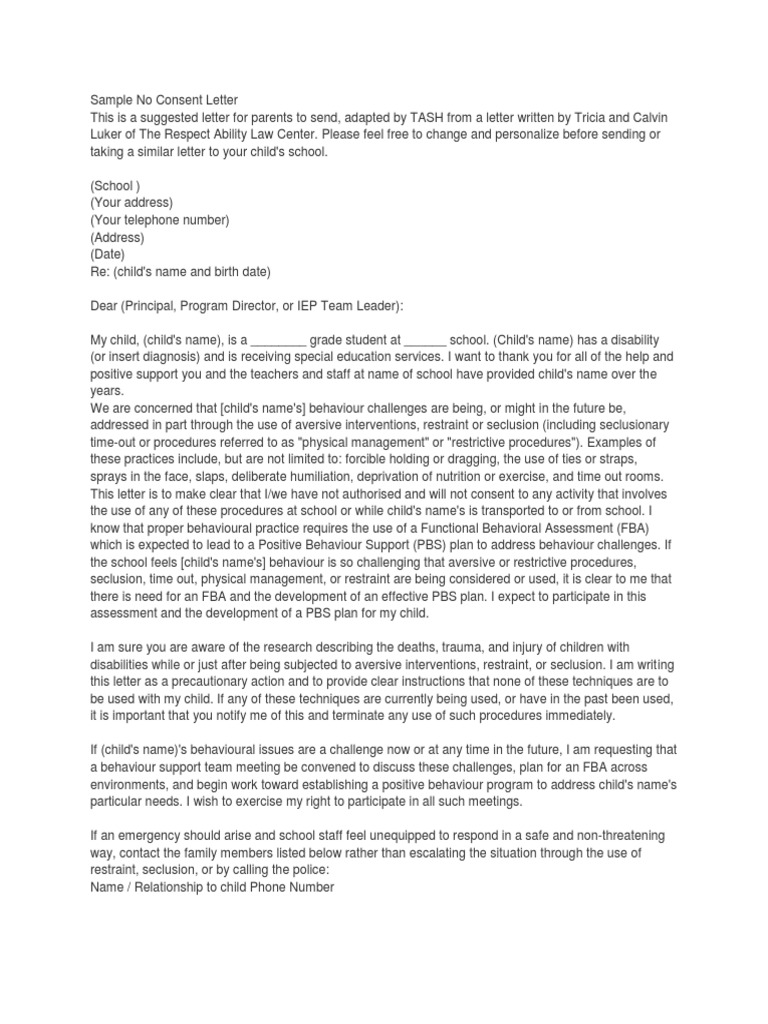 Sample No Consent to Restraint Letter Action (Philosophy