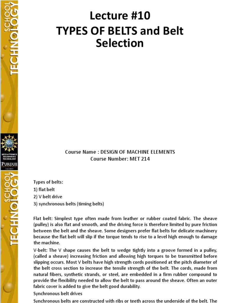 Lecture 10 Types of Belts and Belt Selection Course Name Design of