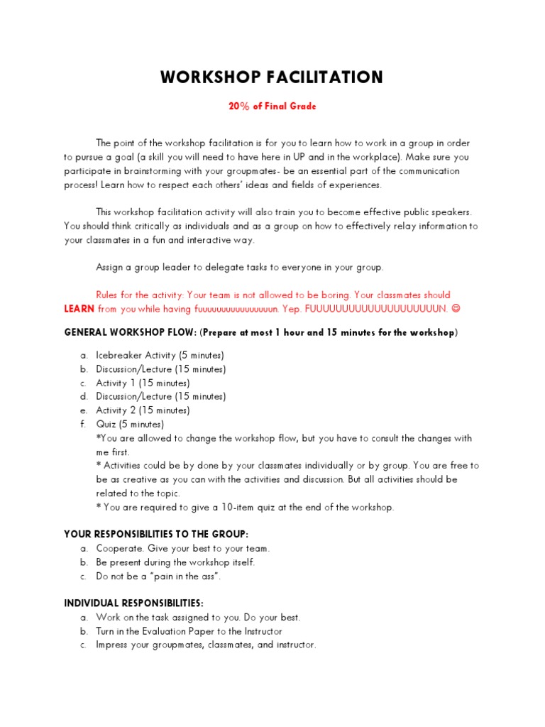 Workshop Facilitation Guidelines And Schedule Pdf Lecture