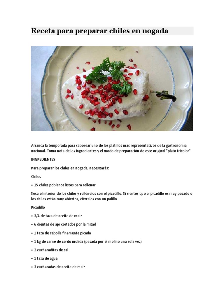 Receta para Preparar Chiles en Nogada | PDF | Preparación de comida y  bebida | Cocina occidental