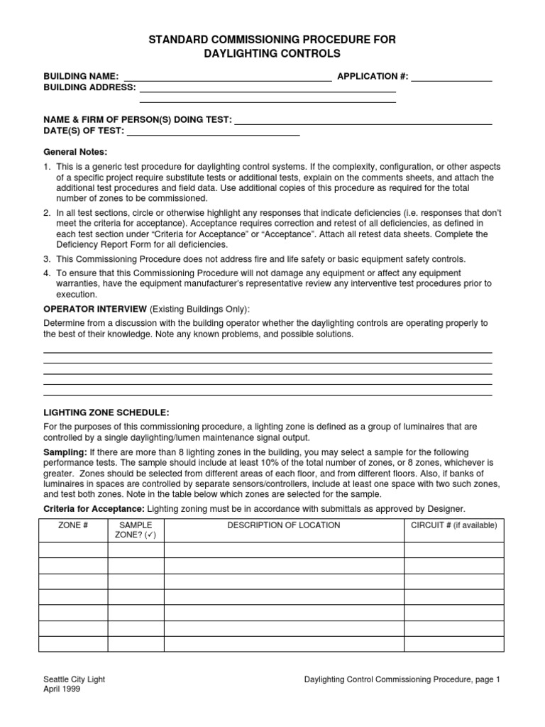 Standard Commissioning Procedure For Daylighting Controls | PDF ...