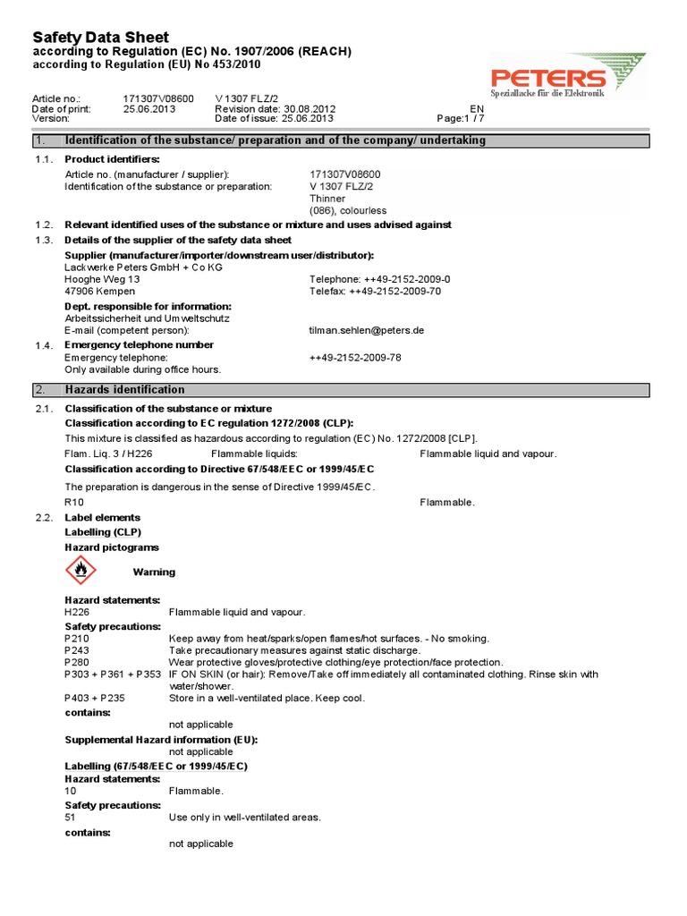 Safety Data Sheet: According To Regulation (EC) No. 1907/2006 (REACH ...