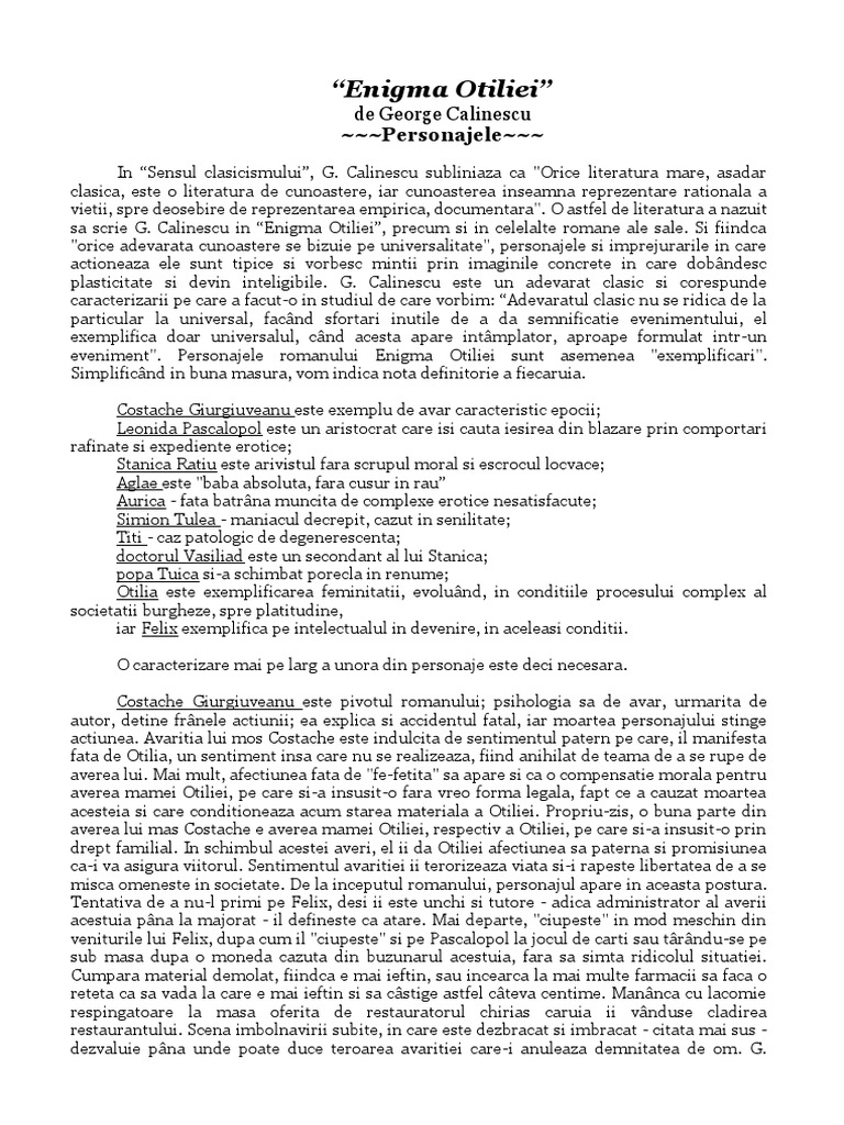 George Calinescu Enigma Otiliei Caracterizare Personajelor