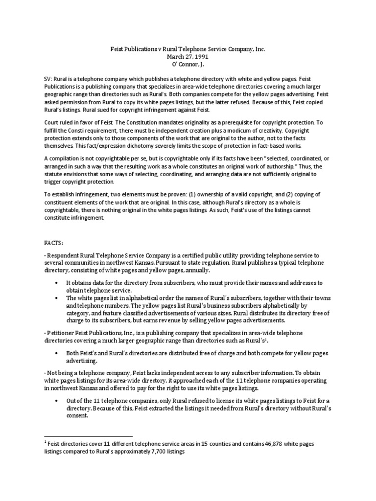 Feist Publications V Rural Telephone Service Company PDF Copyright