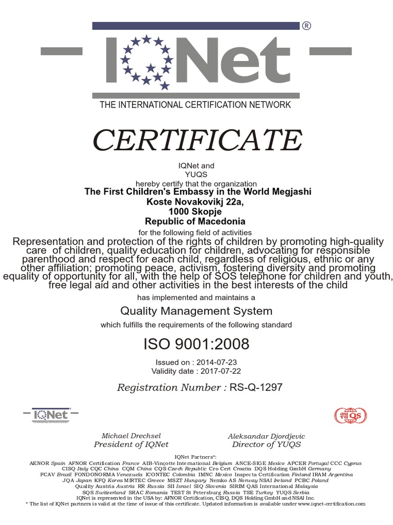 Iqnet Sertifikat Za Iso 9001 Prva Decija Ambasada Iso 9000 Quality Management