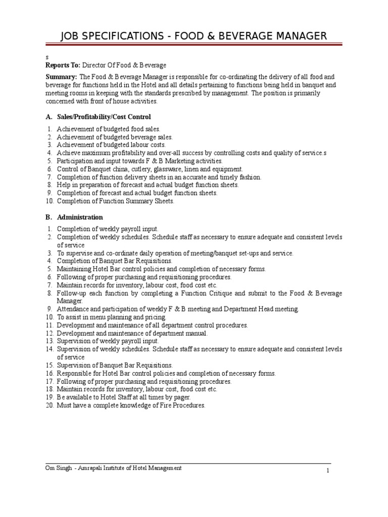 Manager Job Specifications | Foods | Inventory
