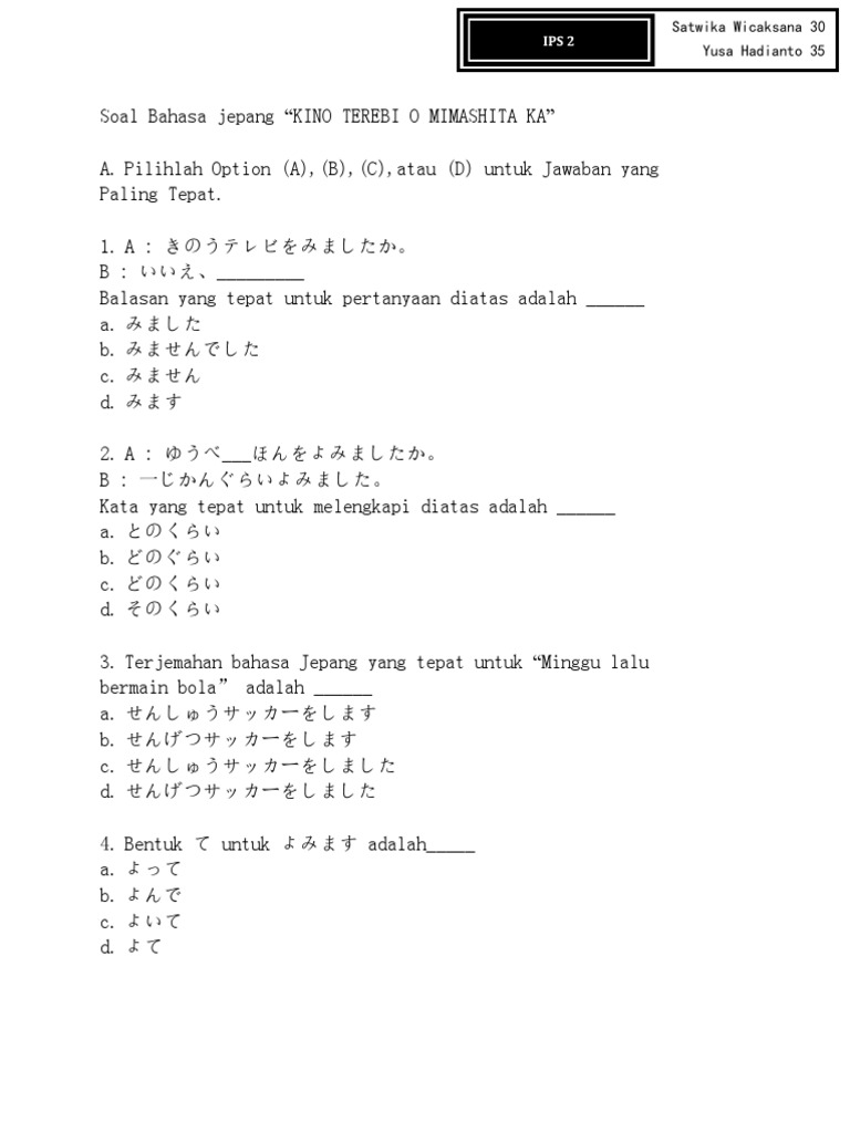 Contoh Soal Tes Bahasa Jepang Guru Paud