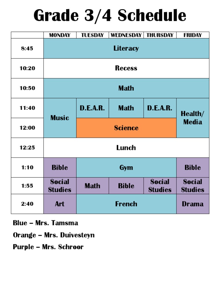 Grade 3/4 Weekly Class Schedule | PDF