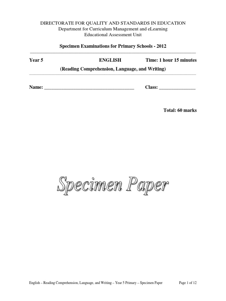 Specimen English Yr5 2012 PDF English Language Reading Comprehension