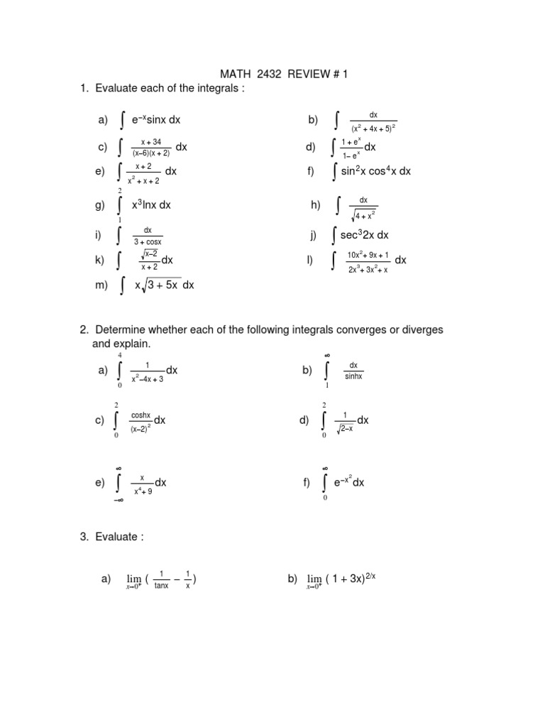 MATH 2432 Integral Evaluation Review | PDF