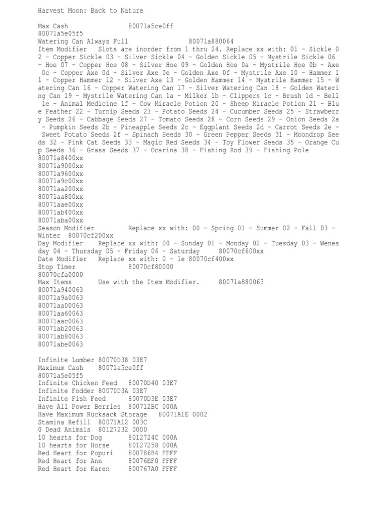 Harvest Moon BTN Gameshark PDF