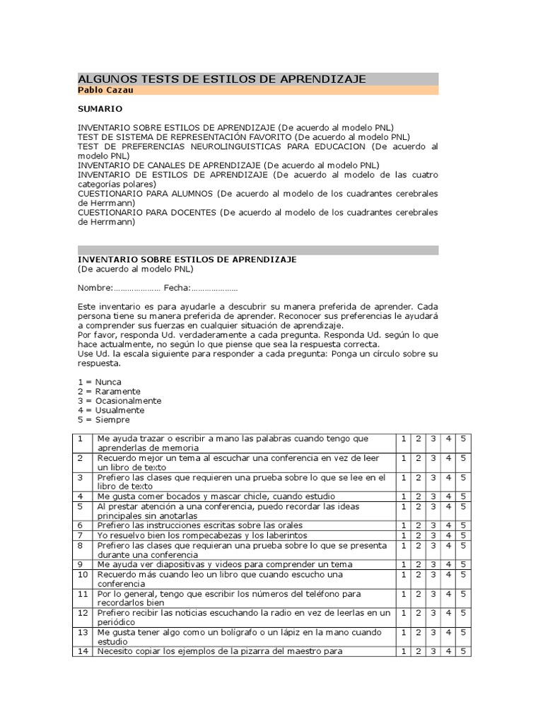 Tests de Estilos de Aprendizaje PNL | PDF | Prueba (evaluación ...