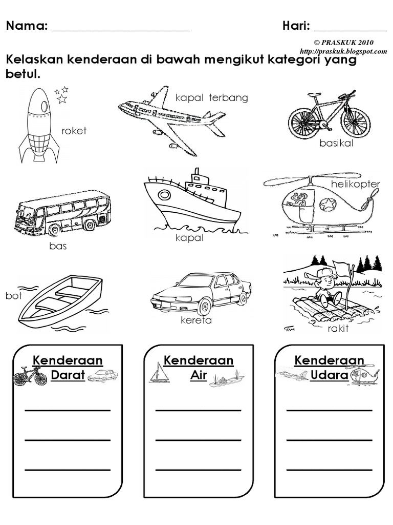 Lembaran Kerja Kenderaan Di Air Prasekolah