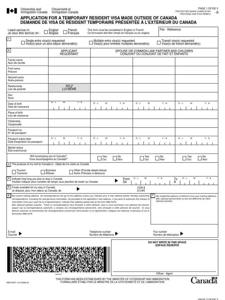 Canada Immigration Forms: IMM5257B | PDF | Visa (Document)