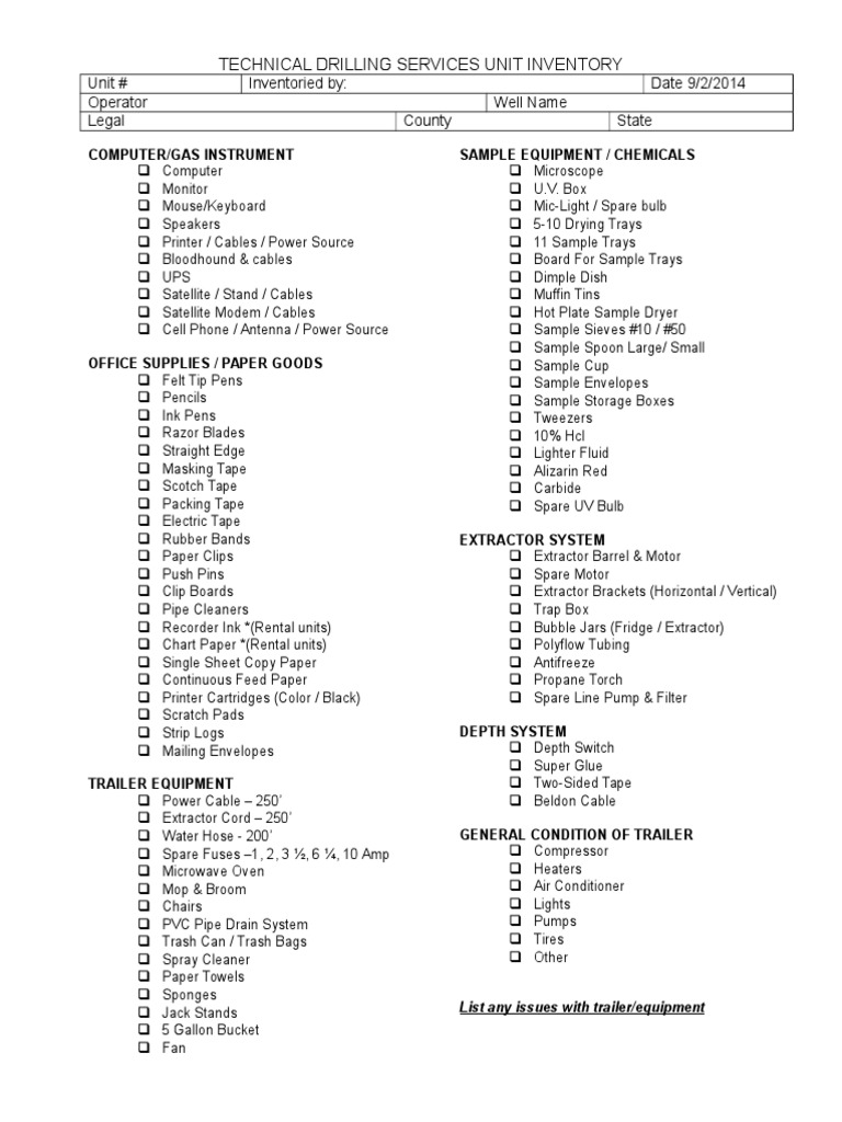 Technical Drilling Services Unit Inventory: Unit # Inventoried By: Date ...