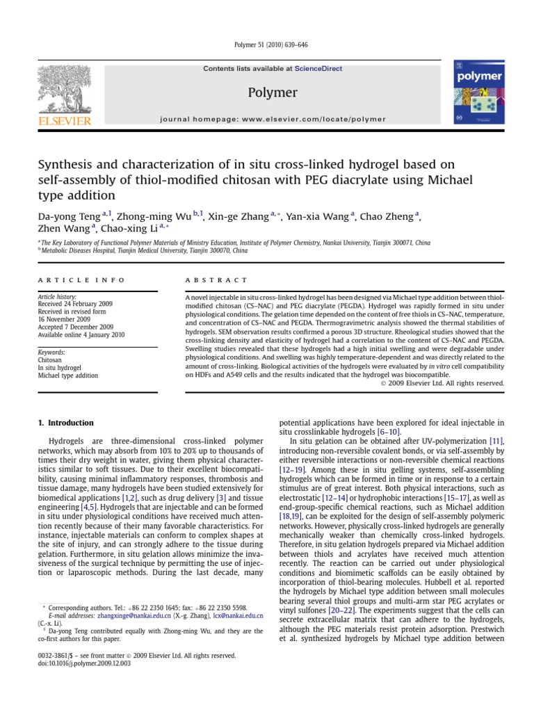Synthesis and Charn of in Situ Cross-Linked Hydrogel Based On Self ...