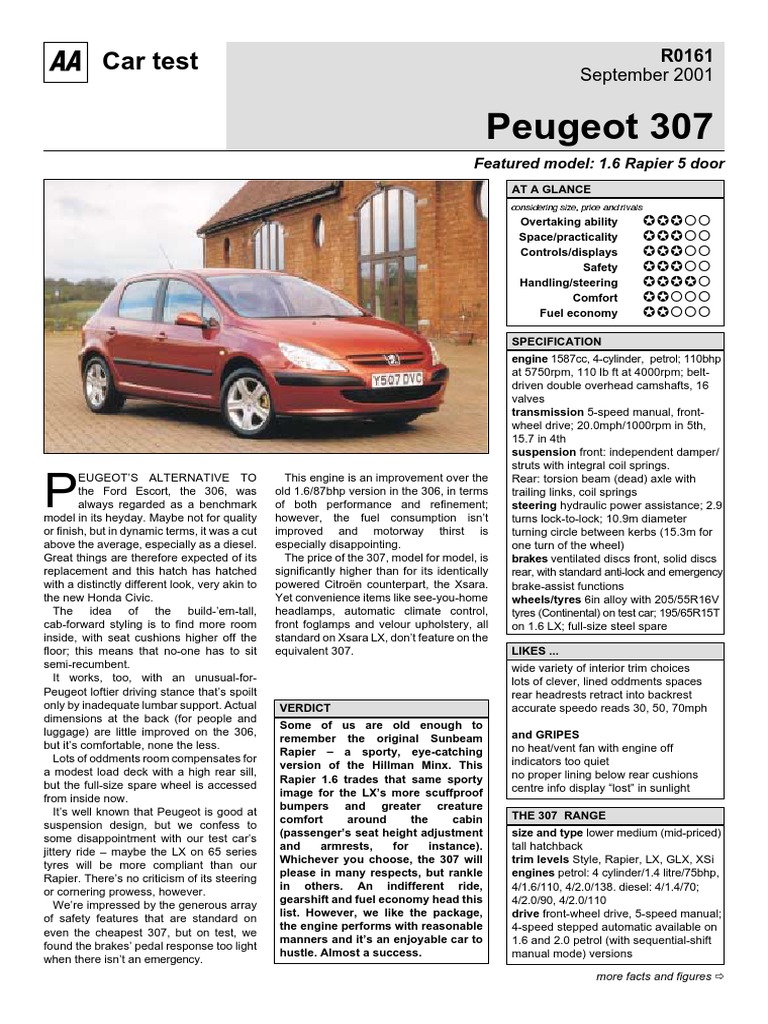 Peugeot 307 1.6 Rapier 5door Sep01 | PDF | Fuel Economy In