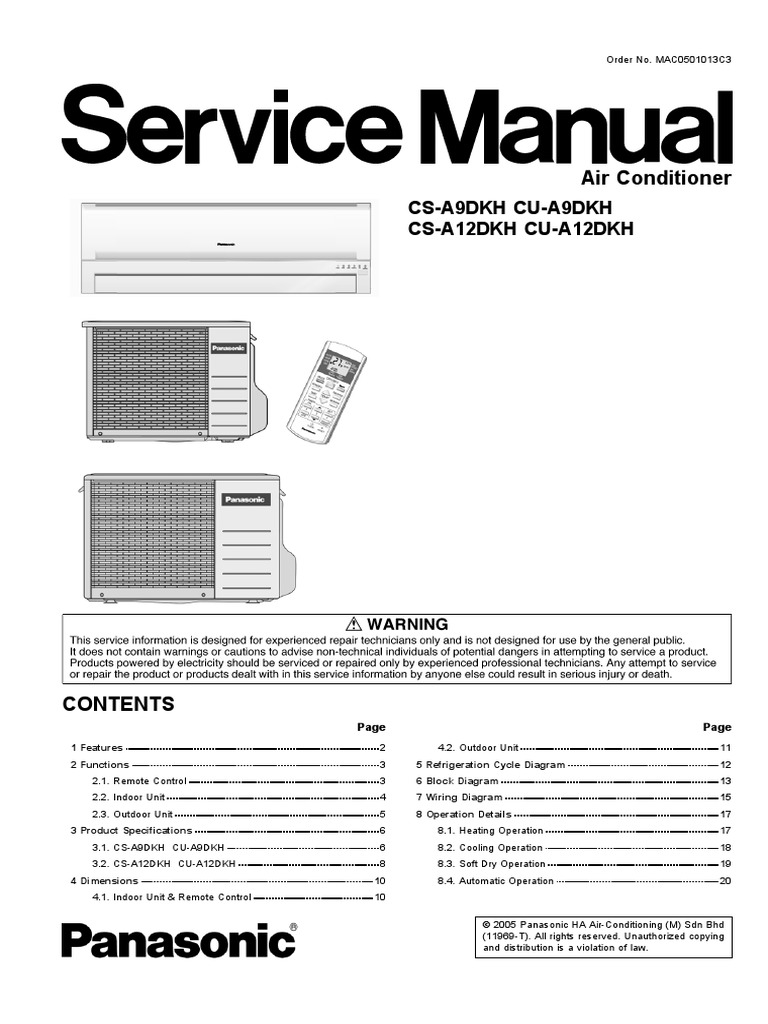 Panasonic Cs-A9dkh Cu-A9dkh Cs-A12dkh Cu-A12dkh Service Manual Repair Guide  | Air Conditioning | Hvac