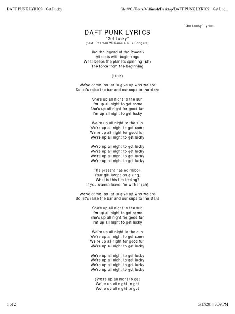 Daft Punk Lyrics Get Lucky 2 Songs Written Number One Singles