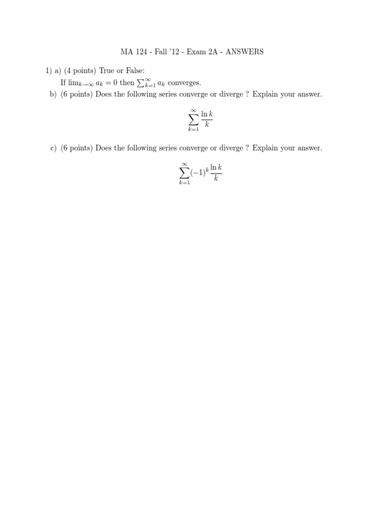 MA 124 Fall '12 Exam 2A Answers | PDF