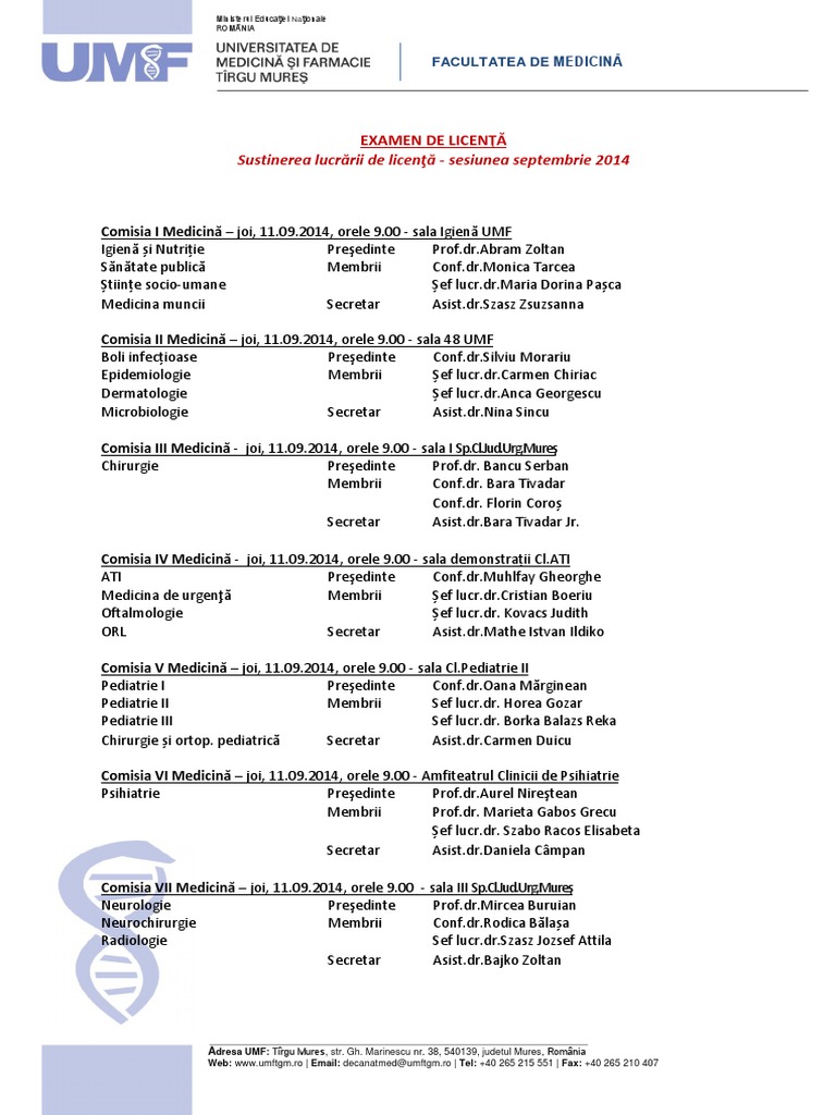 Comisii Sustinere Lucrare De Licenta Medicina Tg Mures 2014