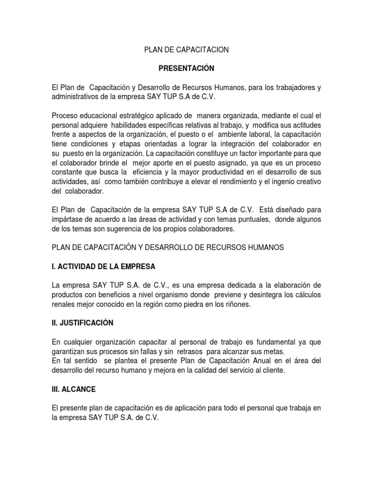 Plan de Capacitación SAY TUP S.A. | PDF | Recursos humanos | Calidad ...