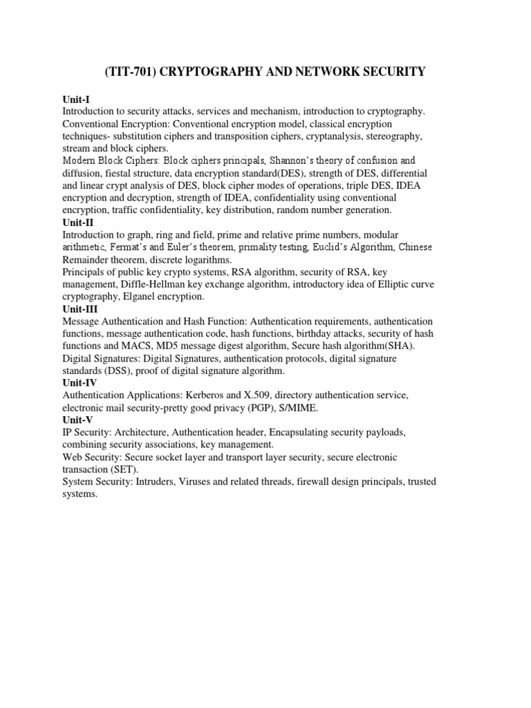 (Tit-701) Cryptography and Network Security: Unit-I | PDF