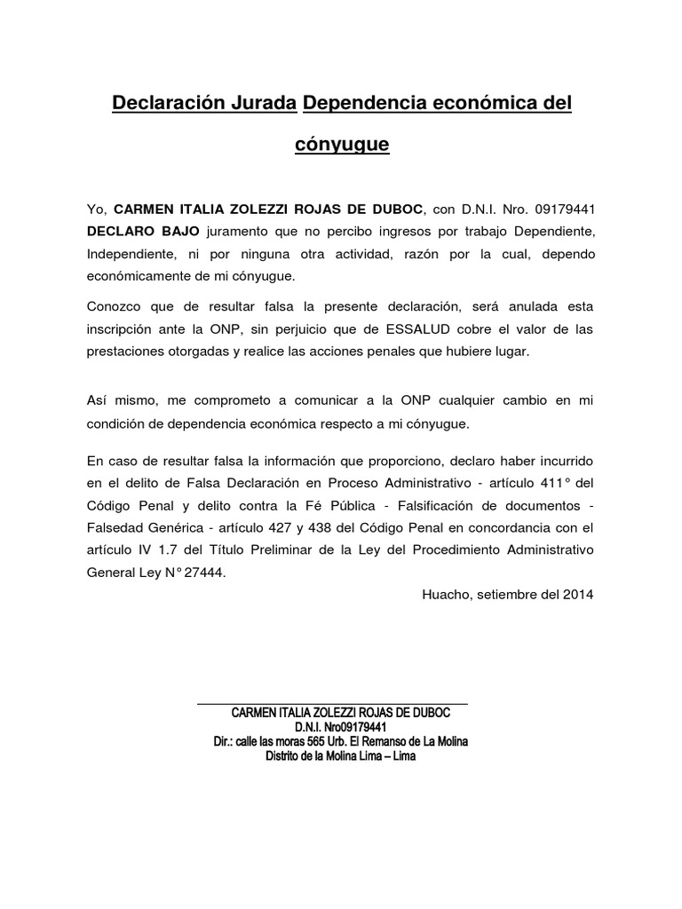 Declaración Jurada Dependencia Económica Del Cónyugue