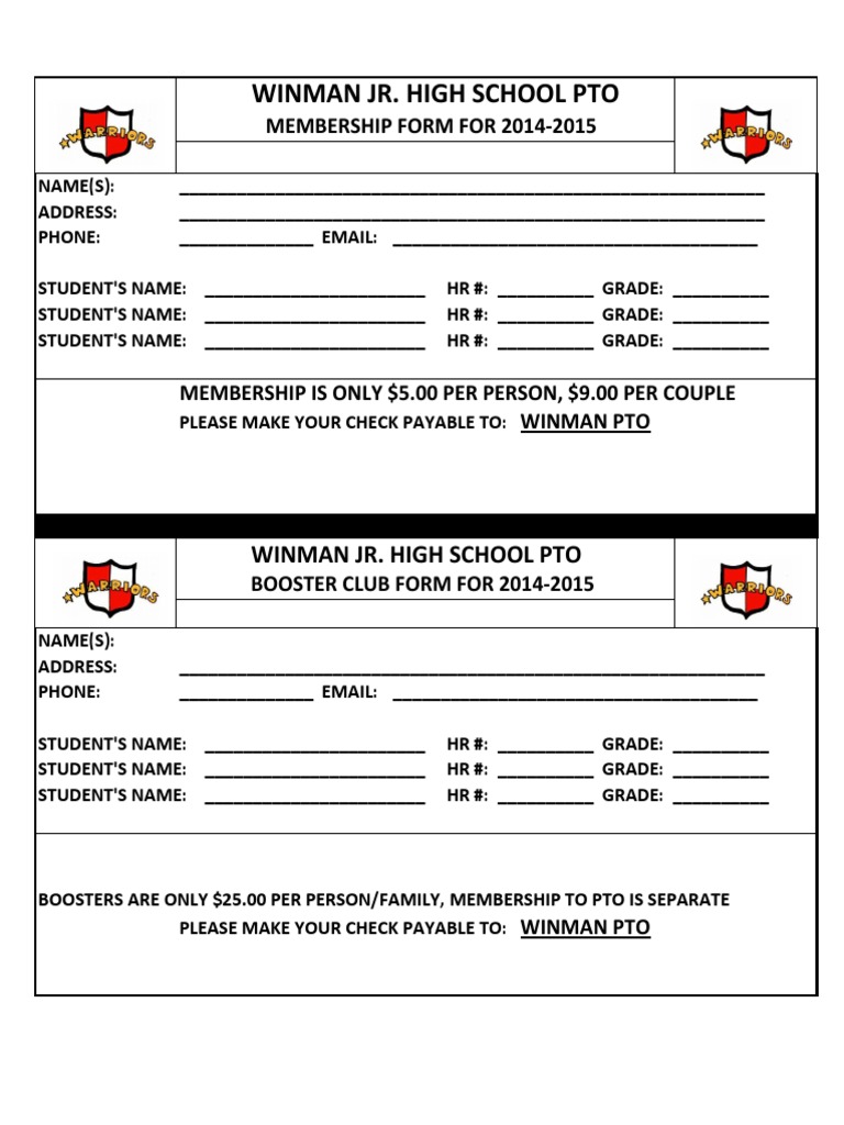 Winman Jr. High PTO Membership Form | PDF