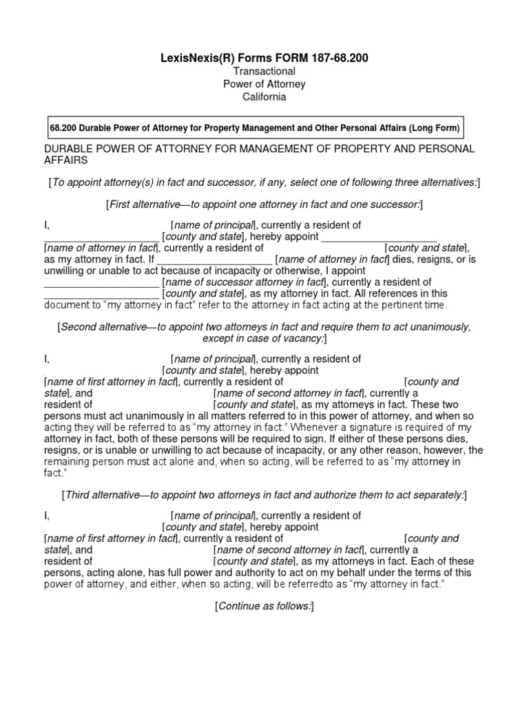 CA Power of Attorney FORM & Info 87-68.200 | PDF | Conservatorship | Power Of Attorney for Free Printable Power Of Attorney Form California