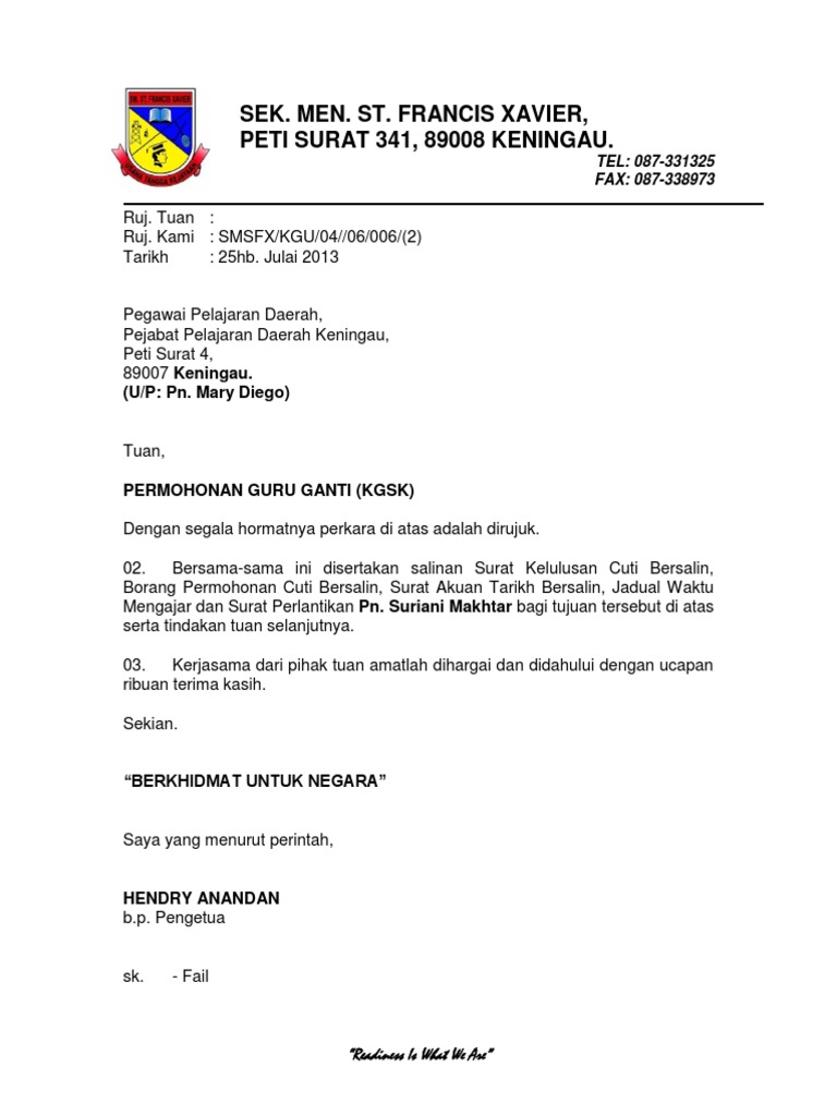 Permohonan Guru Ganti Untuk Suriani Makhtar Pdf