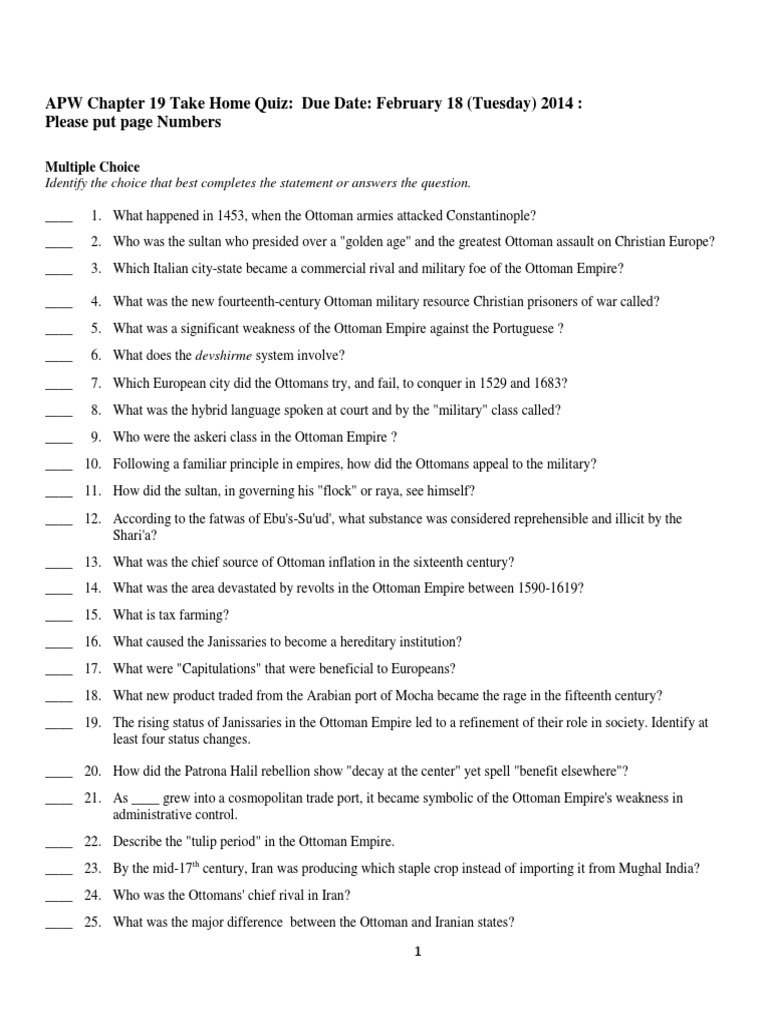 Chapter 19 Take Home Quiz 2014 PDF Mughal Empire Ottoman Empire