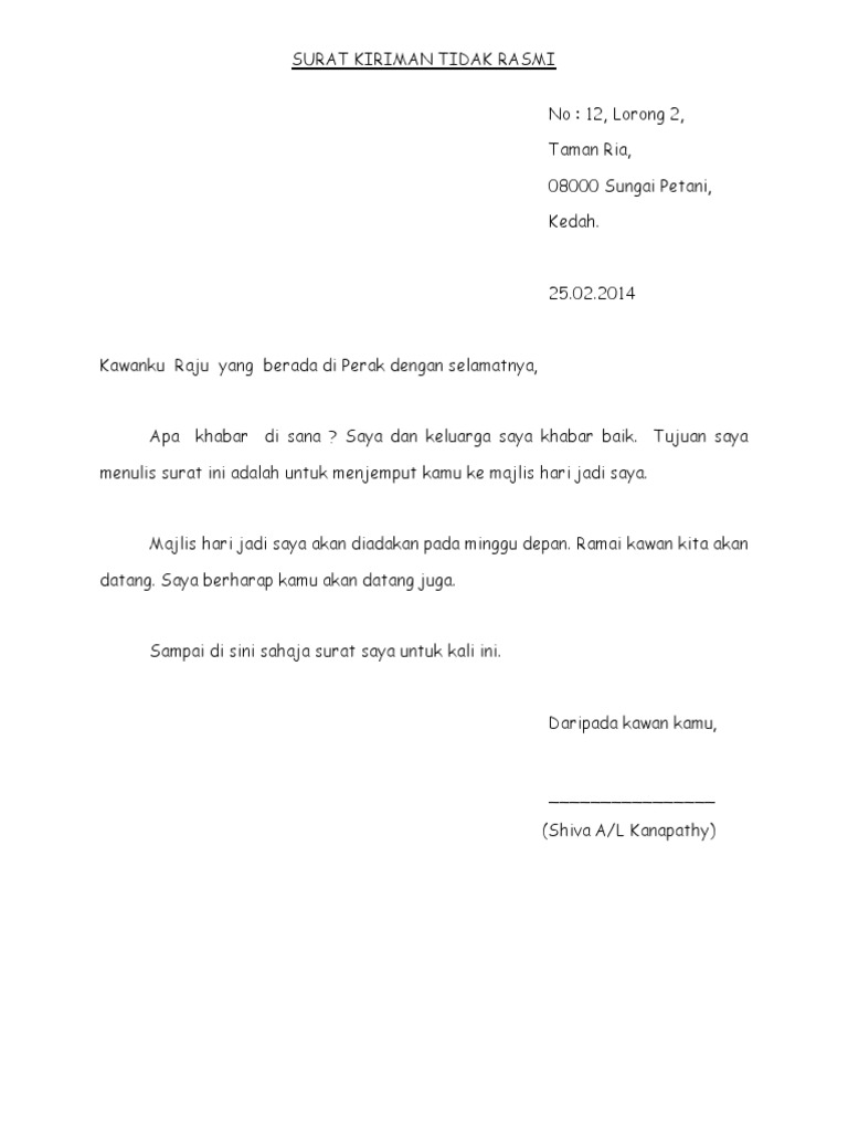 Surat Kiriman Tidak Rasmi Menjemput Kawan Ke Majlis Hari Jadi