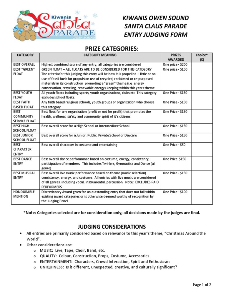 2014 Santa Parade Judging Form PDF Costume Leisure