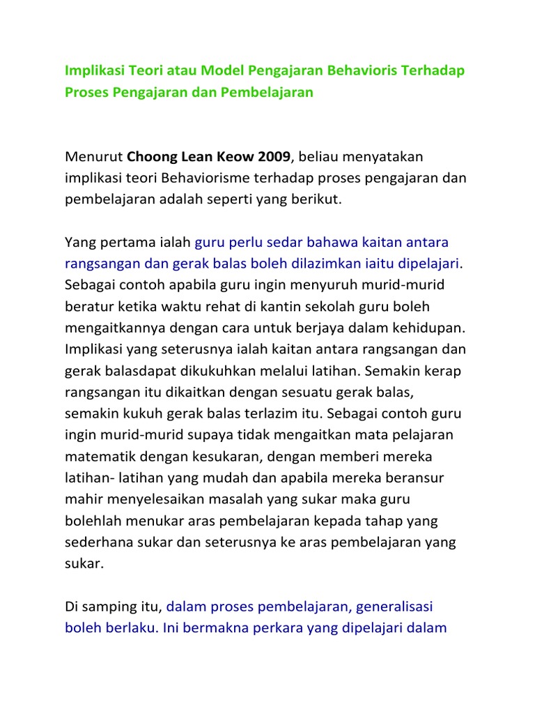Implikasi Teori Atau Model Pengajaran Behavioris Terhadap Proses Pengajaran Dan Pembelajaran