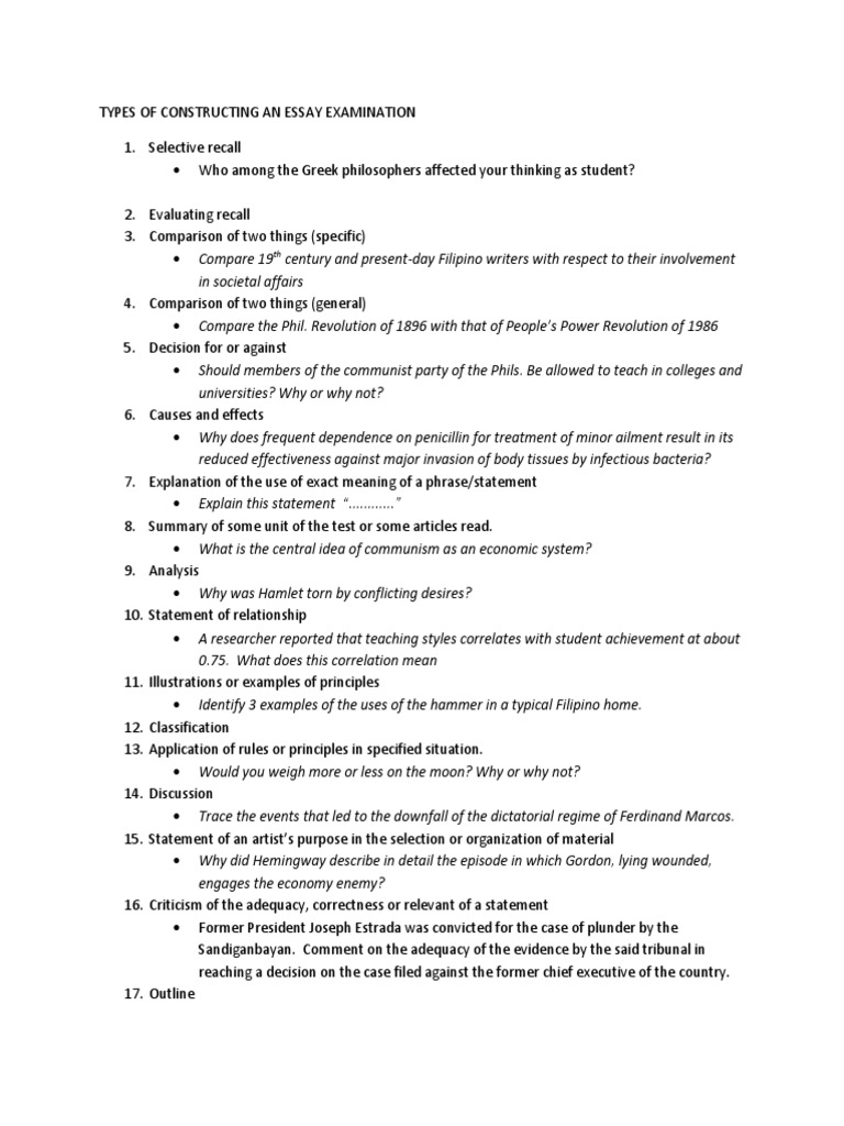 Types of Constructing An Essay Examination | PDF | Essays | Philippines