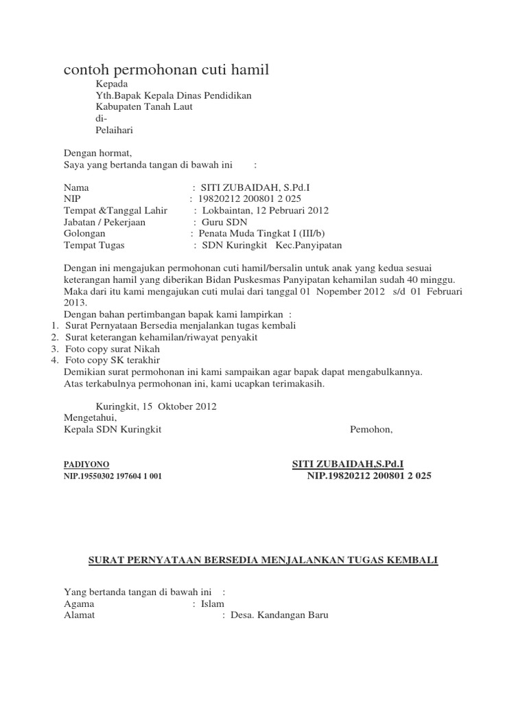 Contoh Permohonan Cuti Hamil