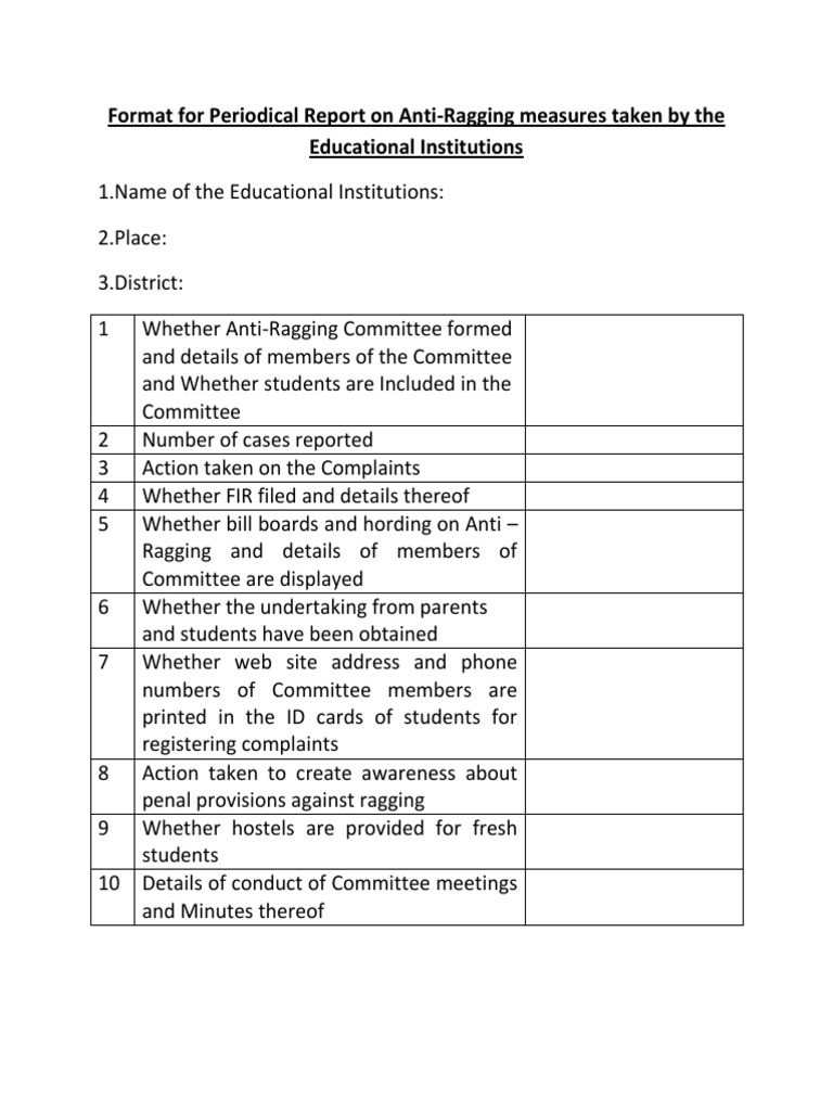 Anti-Ragging Report Format for Schools | PDF | Social Science | Law