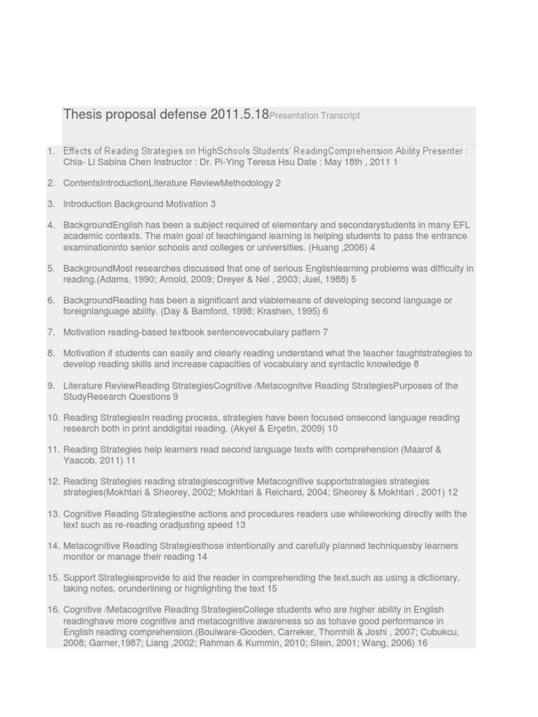 Thesis Proposal Defense 2011 | PDF | Metacognition | Reading (Process)