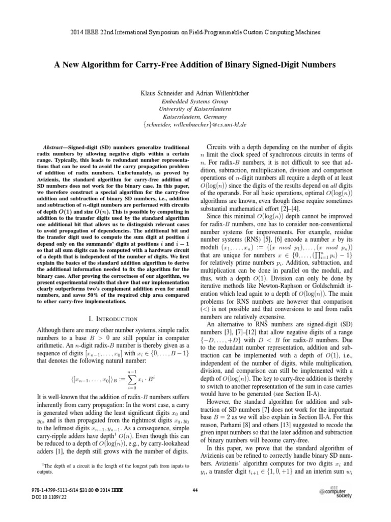 A New Algorithm For Carry-Free Addition of Binary Signed-Digit Numbers ...