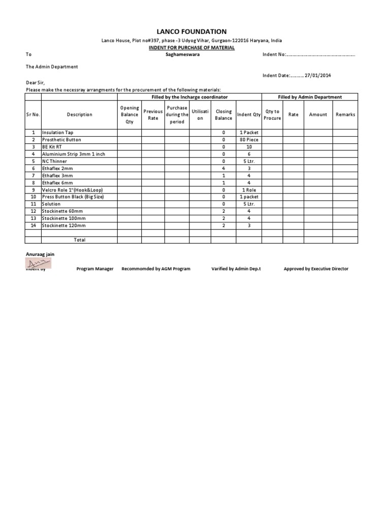 Material Procurement Indent Document | PDF | Business | Computers