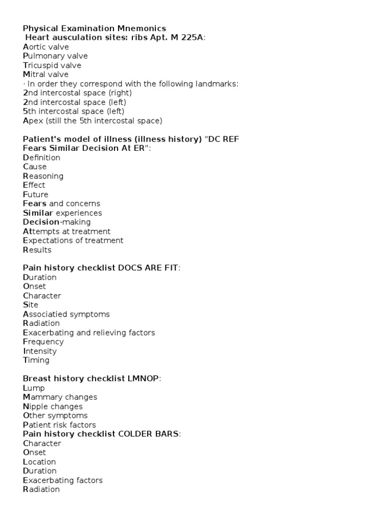 Physical Examination Mnemonics Guide | PDF | Heart Valve | Health Sciences