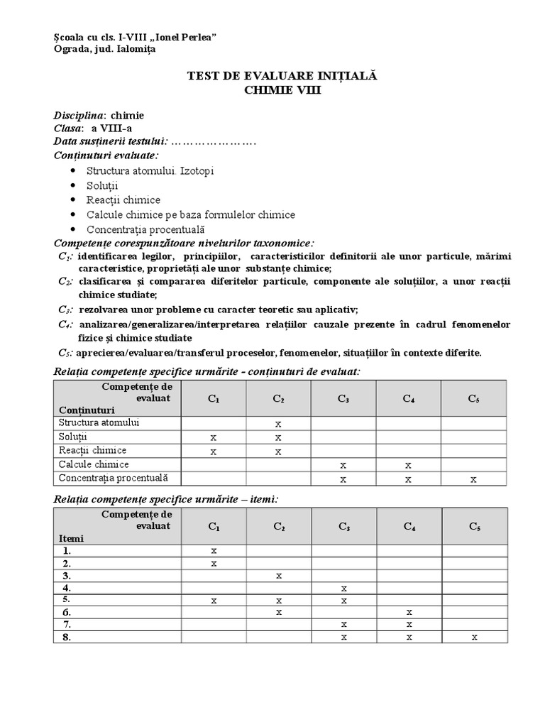 Test Initial Chimie Clasa A VIII-a | PDF