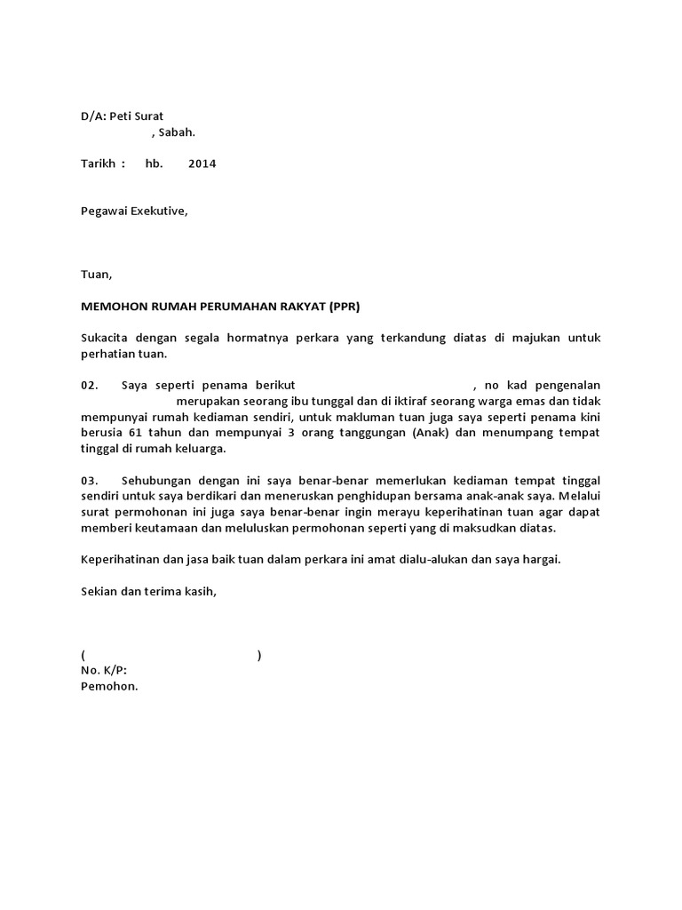 Contoh Surat Rasmi Contoh Surat Rayuan Permohonan Rumah Dbkl