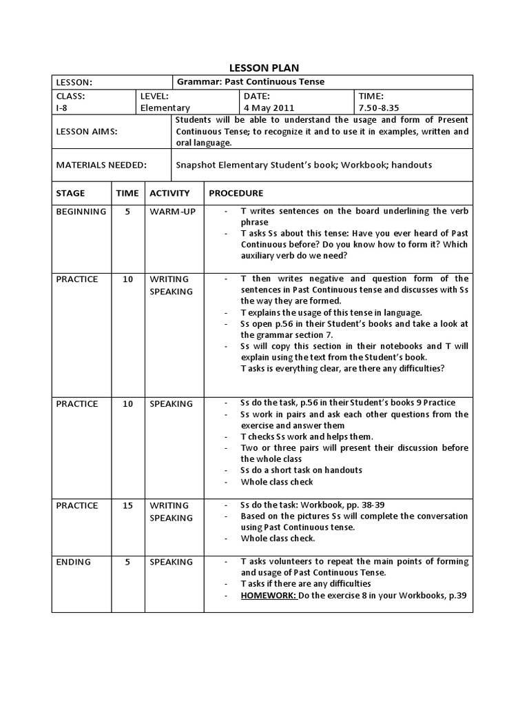 Past Continuous Tense Lesson Plan | PDF | Lesson Plan | Grammar