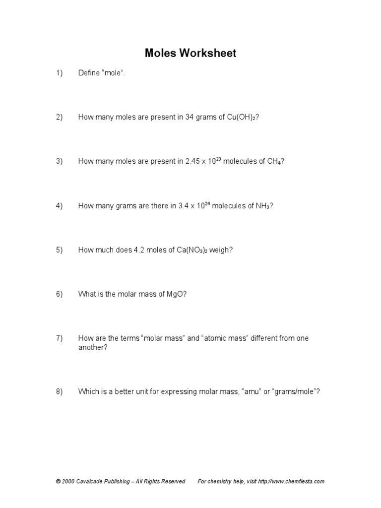 Moles Worksheet © 2000 Cavalcade Publishing All Rights Reserved PDF