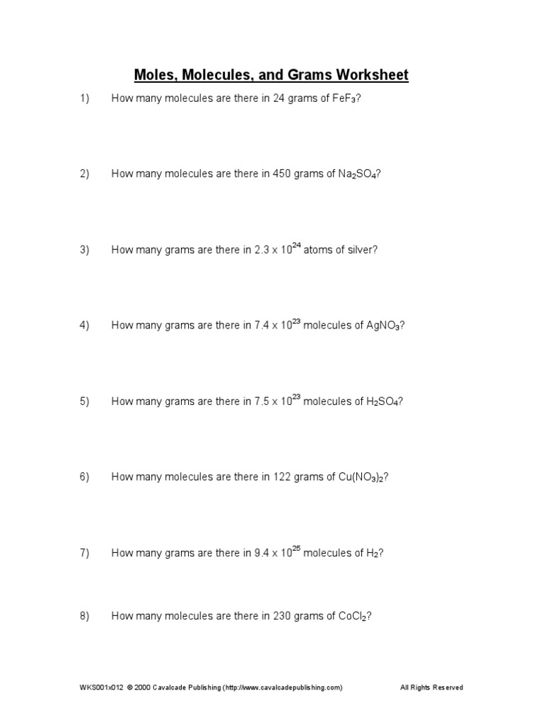 Worksheets Moles Molecules And Grams Worksheet wks001 012 750921 qa molecules chemical physics