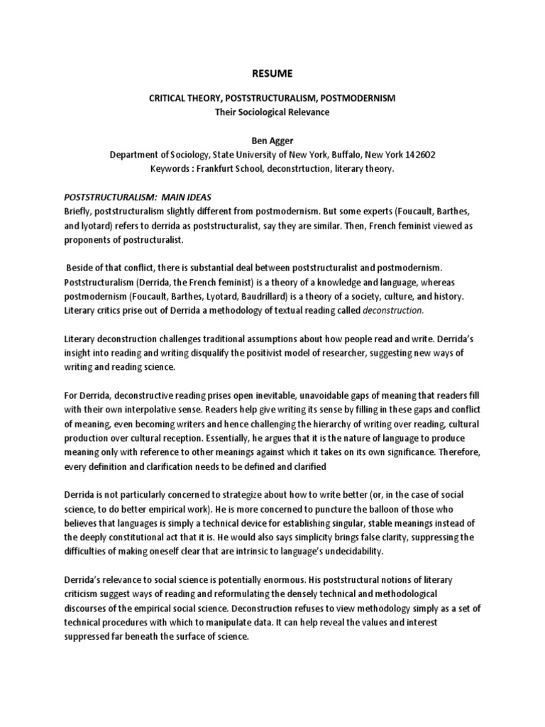 Resume_critical Theory, Poststructuralism, Postmodernism