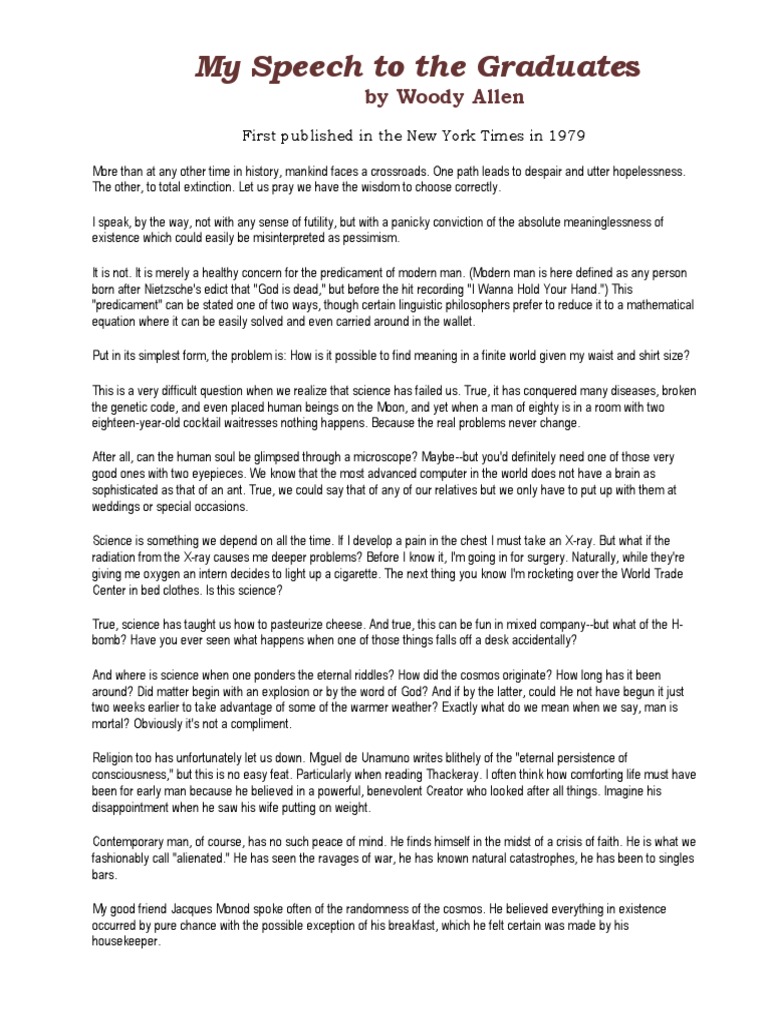 Allen Woody My Speech To The Graduates PDF Pessimism Religion